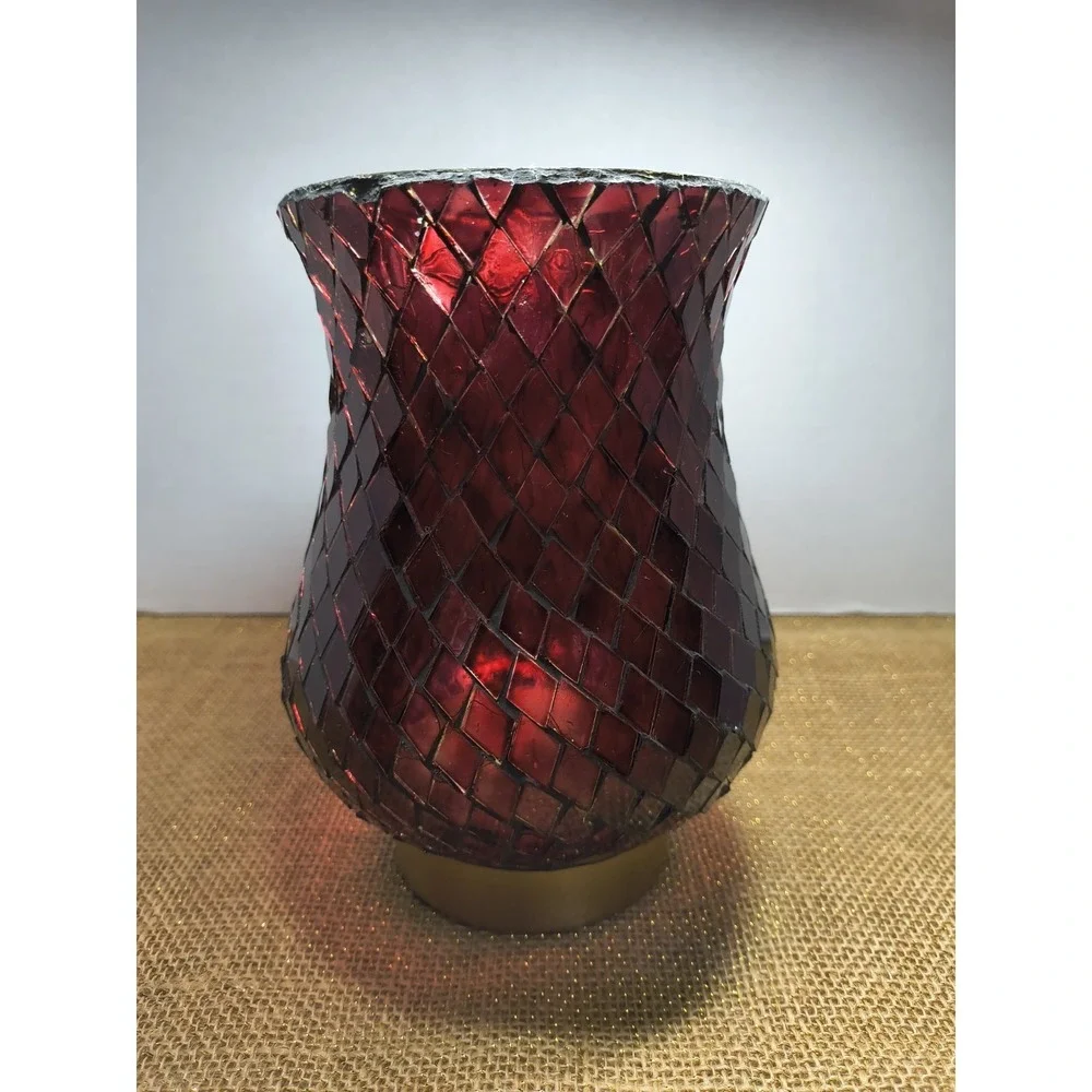 Red Mosaic Stained Glass Hurricane Candle Holder Lamp On Gold Tone Metal Base
